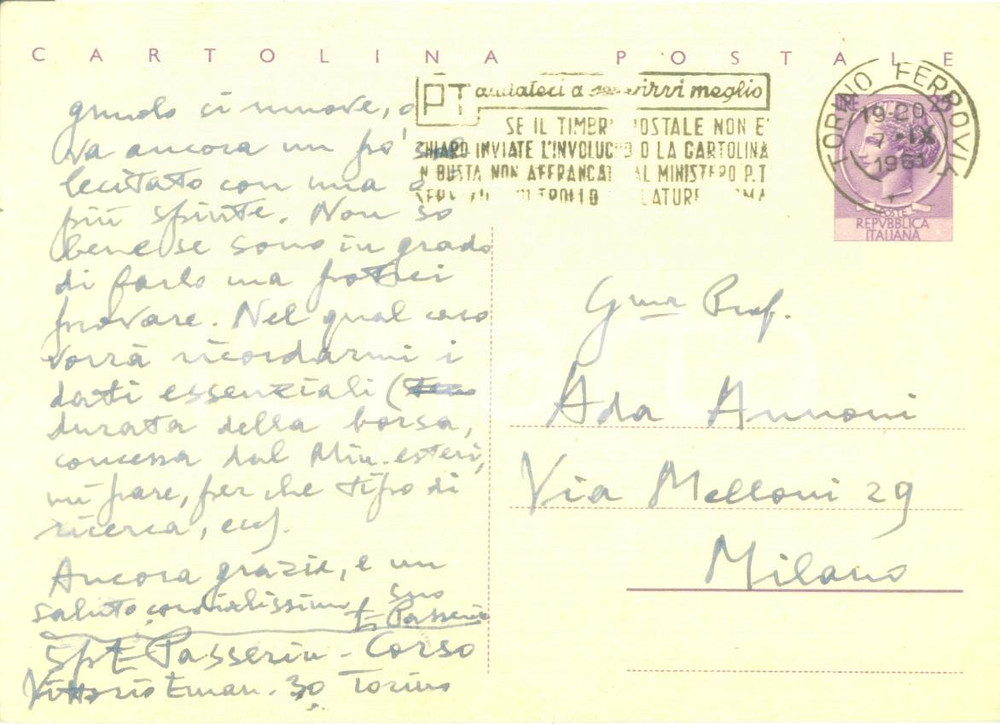 Autografo originale 1961 TORINO Ettore PASSERIN D ENTREVES ringrazia per l ospitalità  AUTOGRAFO 1