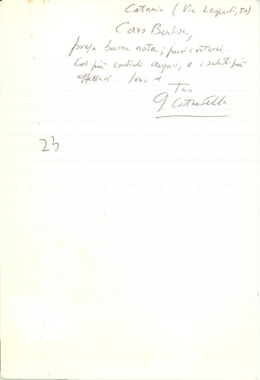 Autografo originale 1967 CATANIA Filologo Quintino CATAUDELLA saluta Mario BENDISCIOLI AUTOGRAFO 1