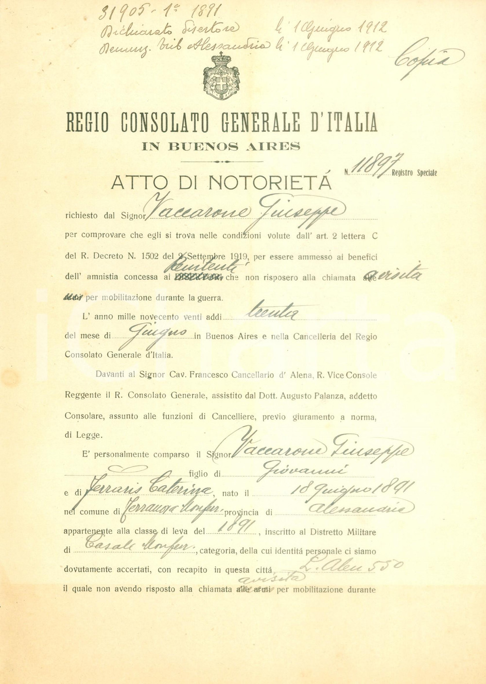 Documento originale, autentico 1920 BUENOS AIRES ARGENTINA Giuseppe VACCARONE all estero durante la guerra 1