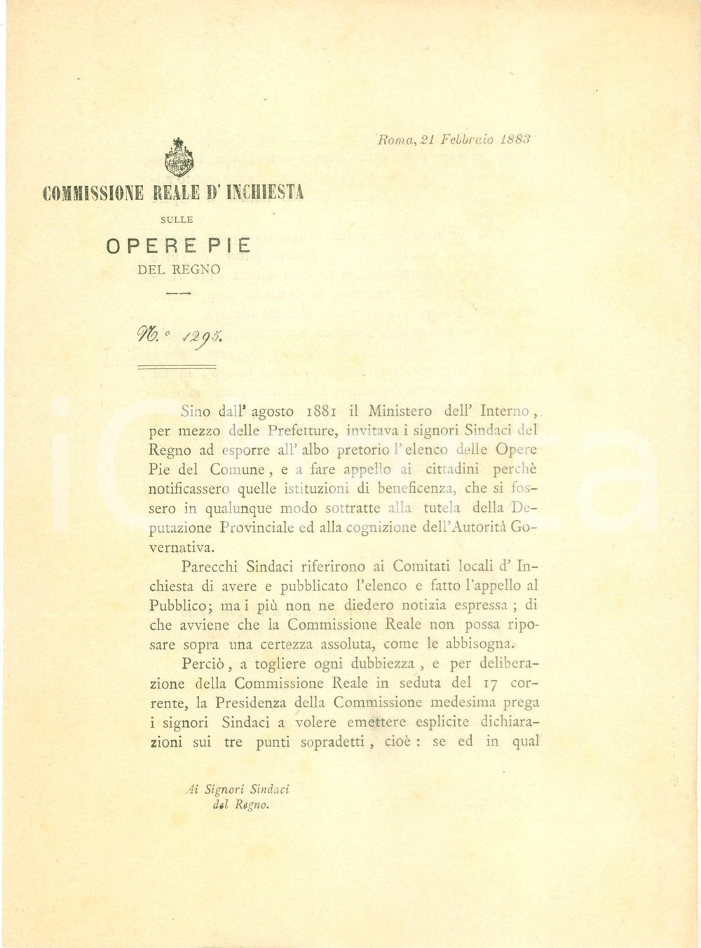Documento originale, autentico 1883 ROMA Inchiesta sulla consistenza delle Opere Pie del REGNO Documento 1