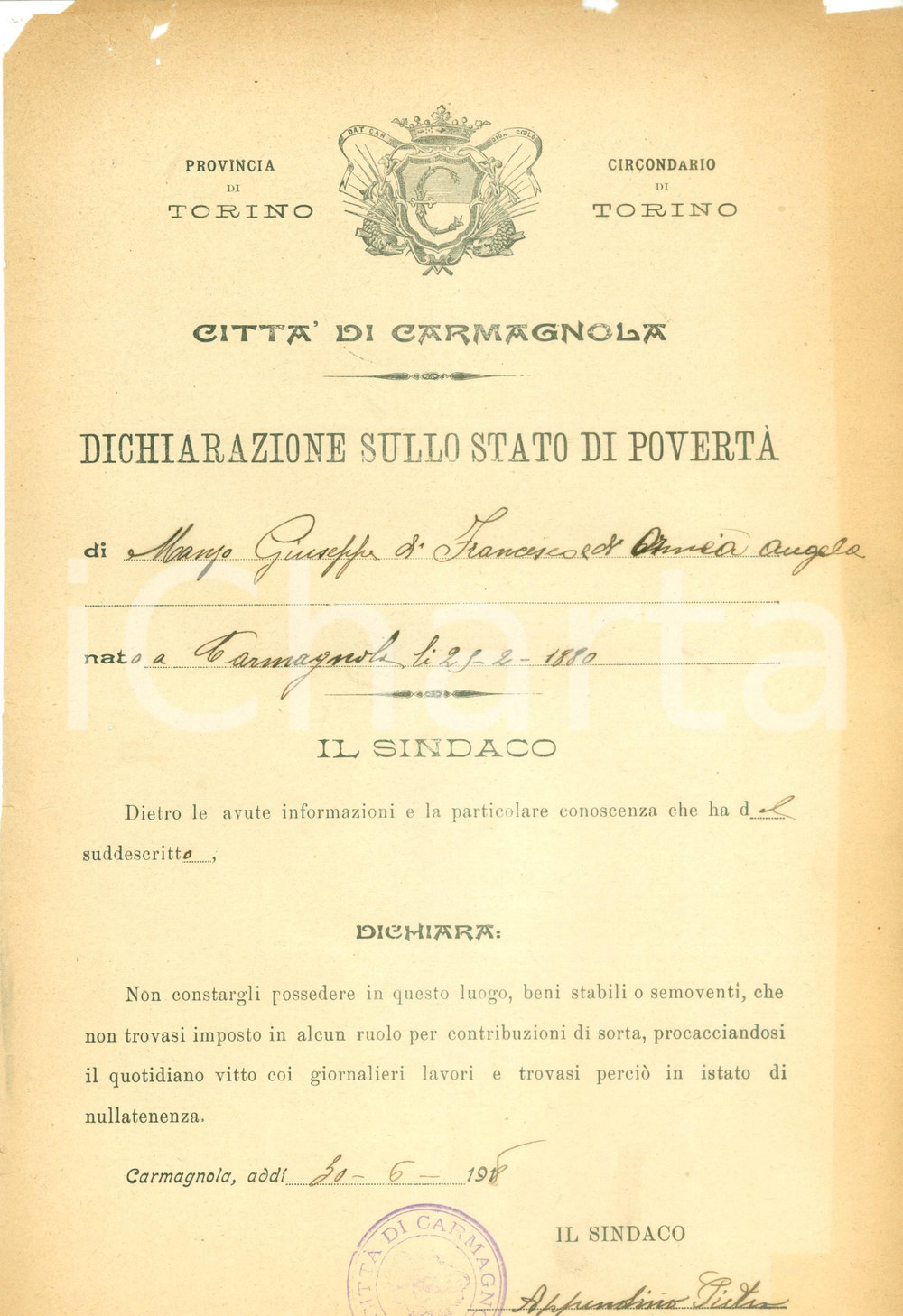 Documento originale, autentico 1918 CARMAGNOLA TO Giuseppe MANZO Ã¨ nullatenente Documento DANNEGGIATO 1