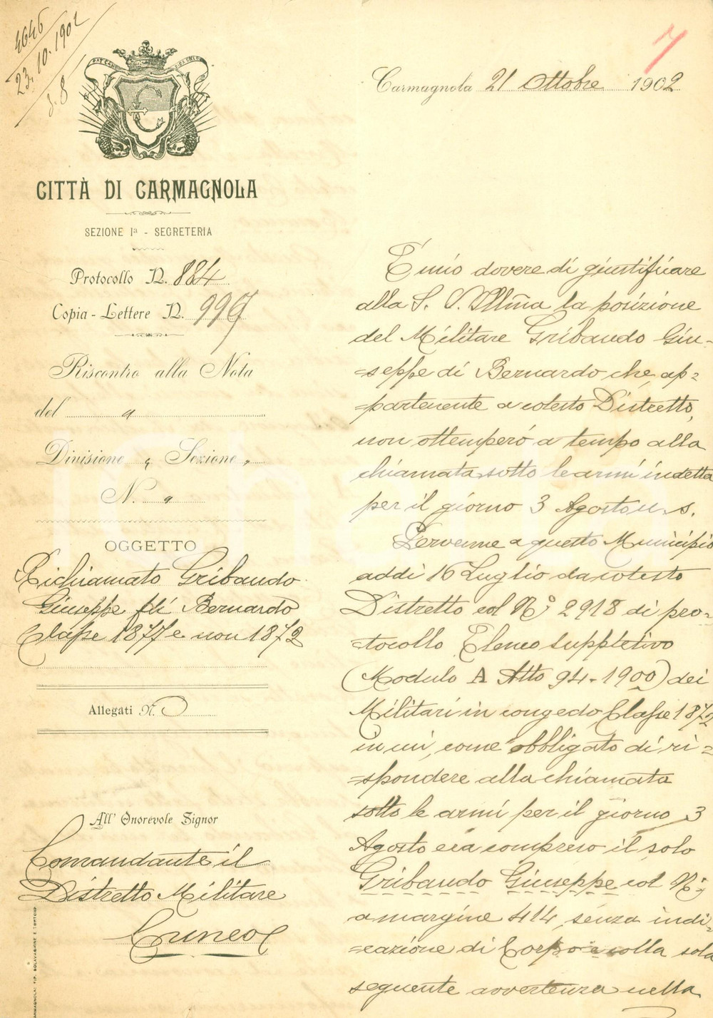 Documento originale, autentico 1902 CARMAGNOLA TO Militare Giuseppe GRIBAUDO richiamato alle armi DANNEGGIATO 1