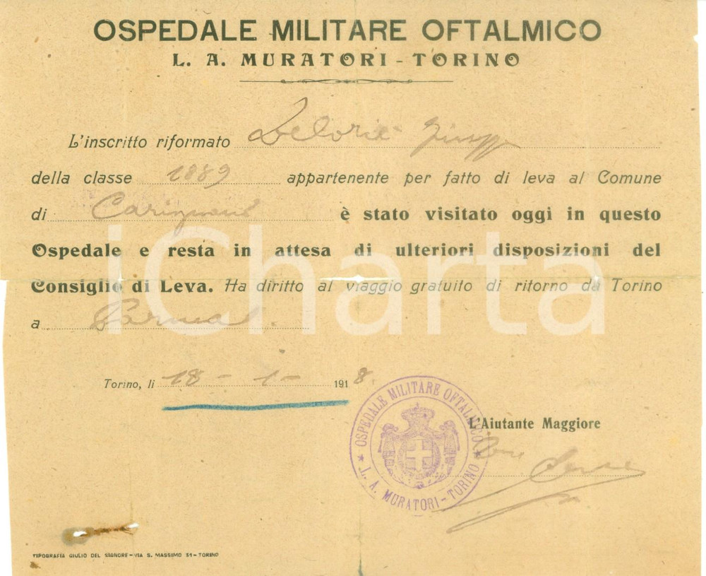 Documento originale, autentico 1918 TORINO Giuseppe ZELONE visitato all Ospedale Oftalmico MURATORI Documento 1