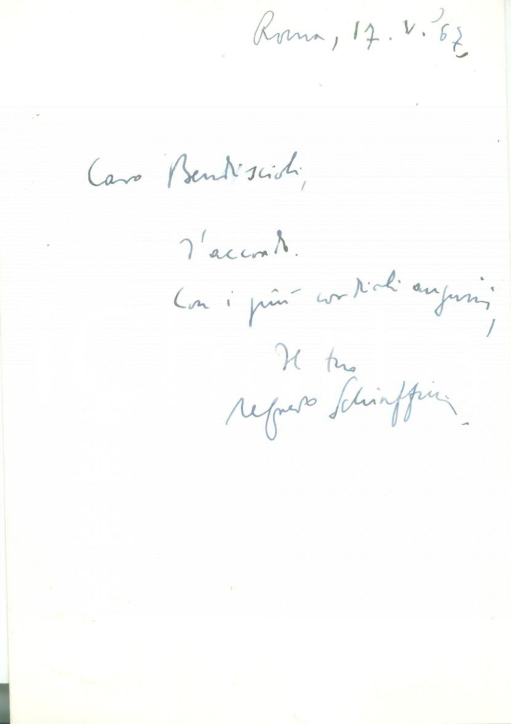 Autografo originale 1967 ROMA Filologo Alfredo SCHIAFFINI saluta Mario BENDISCIOLI AUTOGRAFO 1