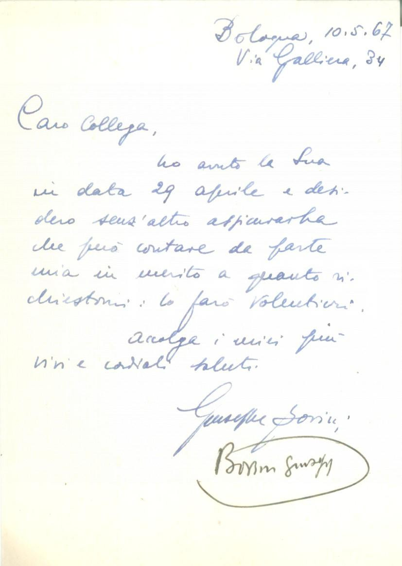 Autografo originale 1967 BOLOGNA Archeologo Giuseppe BOVINI assicura il suo appoggio AUTOGRAFO 1
