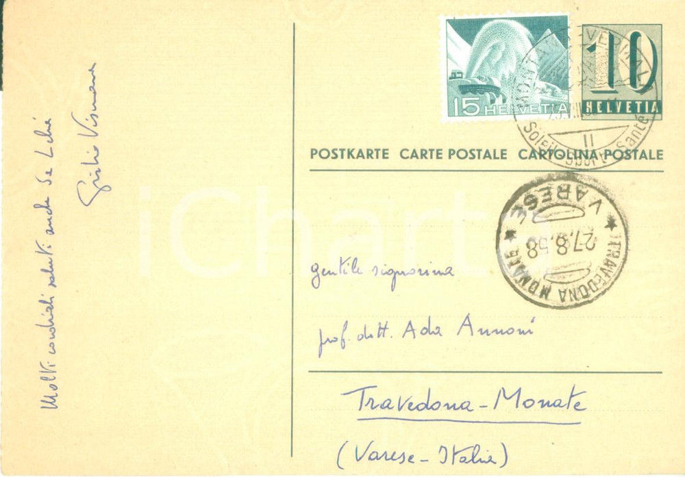 Autografo originale 1958 VERMALA SVIZZERA Storico Giulio VISMARA Cartolina postale autografa 1
