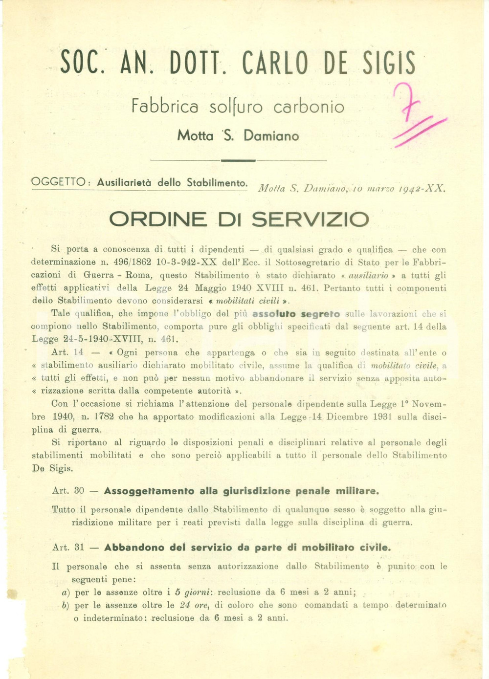 Documento originale, autentico 1942 MOTTA SAN DAMIANO PV Soc. An Carlo DE SIGIS solfuro mobilitata civilmente 1
