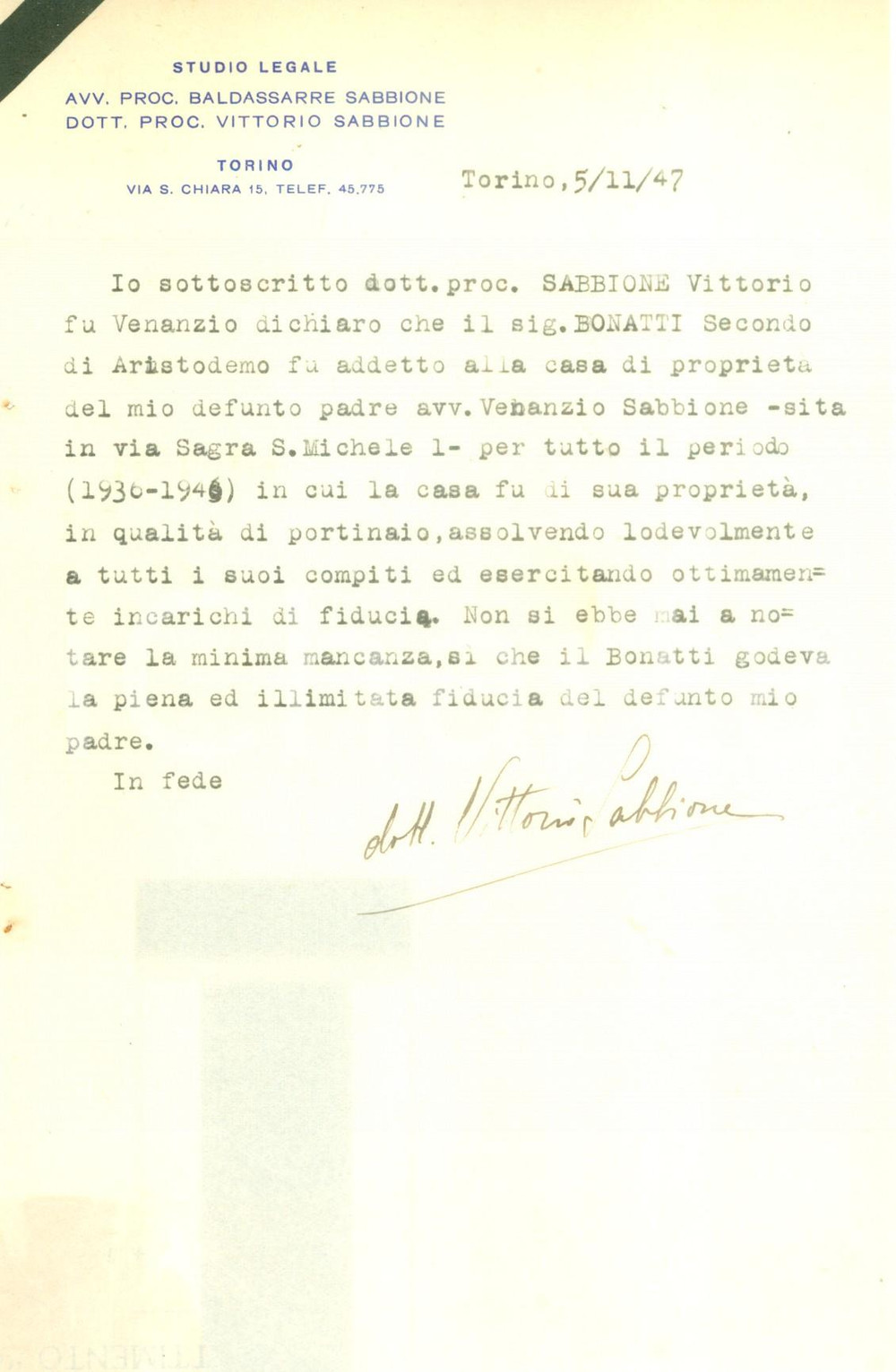 Documento originale, autentico 1947 TORINO Secondo BONATTI Ã¨ sempre stato un ottimo portinaio Documento 1