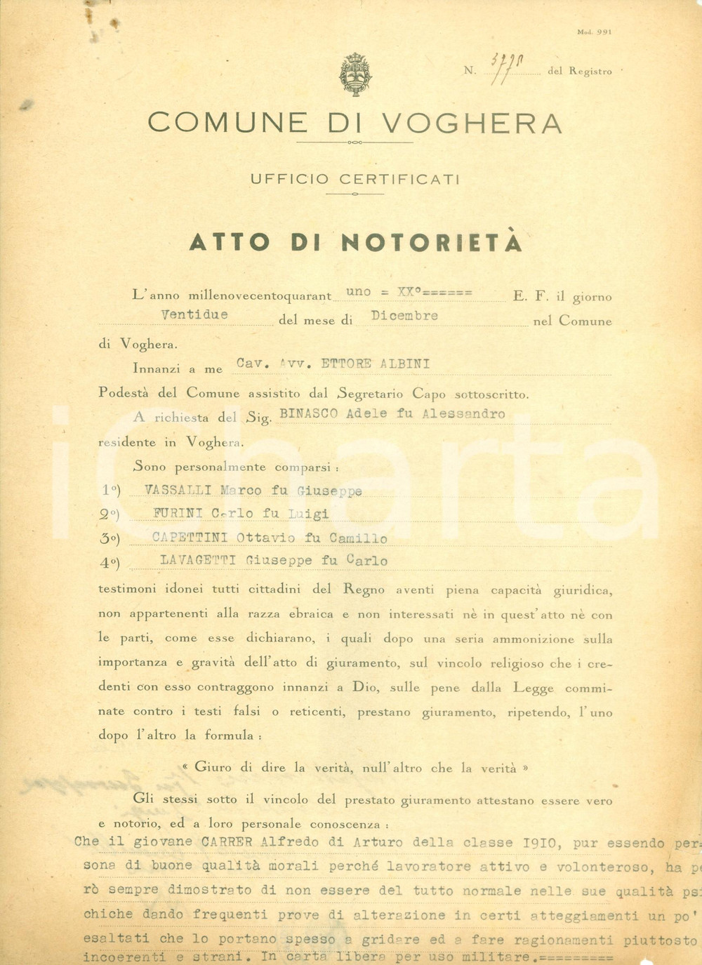 Documento originale, autentico 1941 VOGHERA PV WW2 Alfredo CARRER a volte si comporta come un esaltato 1