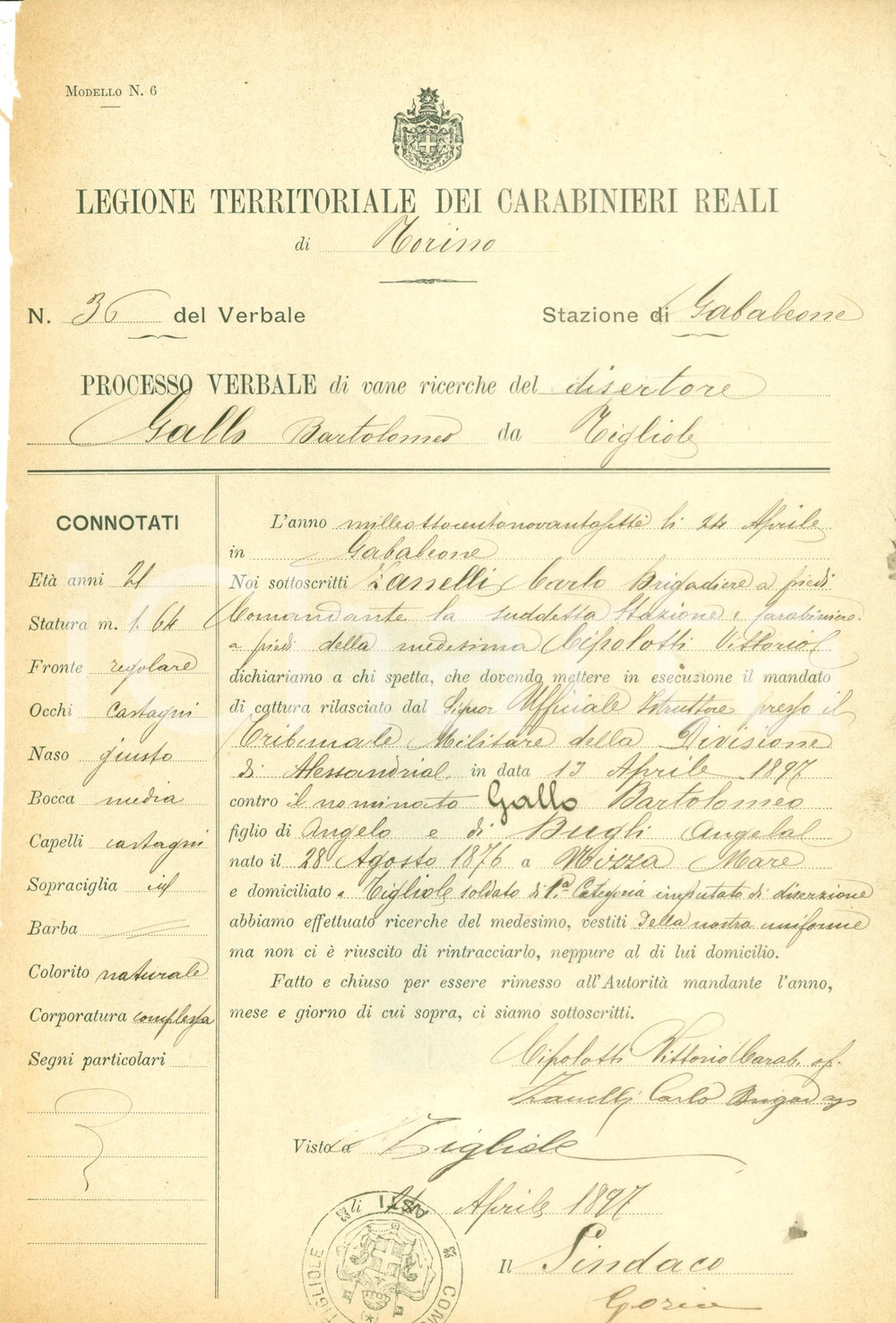 Documento originale, autentico 1897 TIGLIOLE AL Bartolomeo GALLO imputato di diserzione Documento 1
