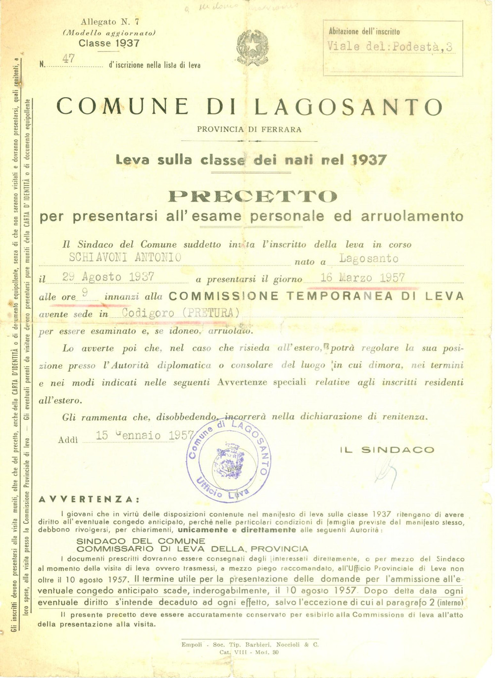 Documento originale, autentico 1957 LAGOSANTO FE Precetto di leva per Antonio SCHIAVONI Documento 1