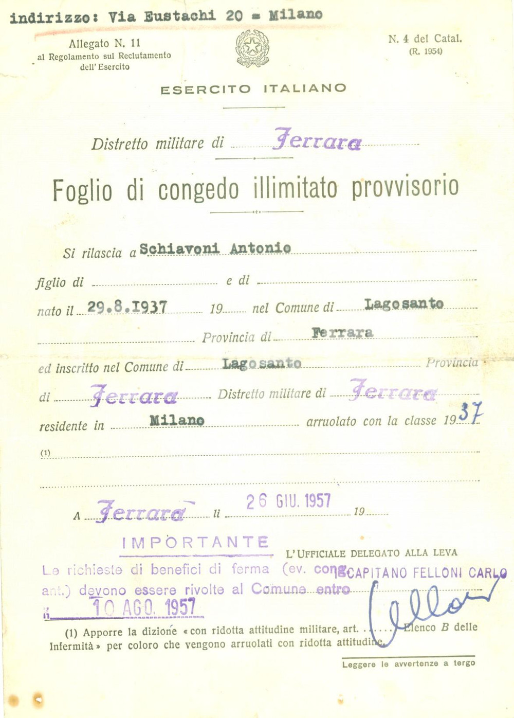 1957 LAGOSANTO (FE) Congedo illimitato Antonio SCHIAVONI *Documento