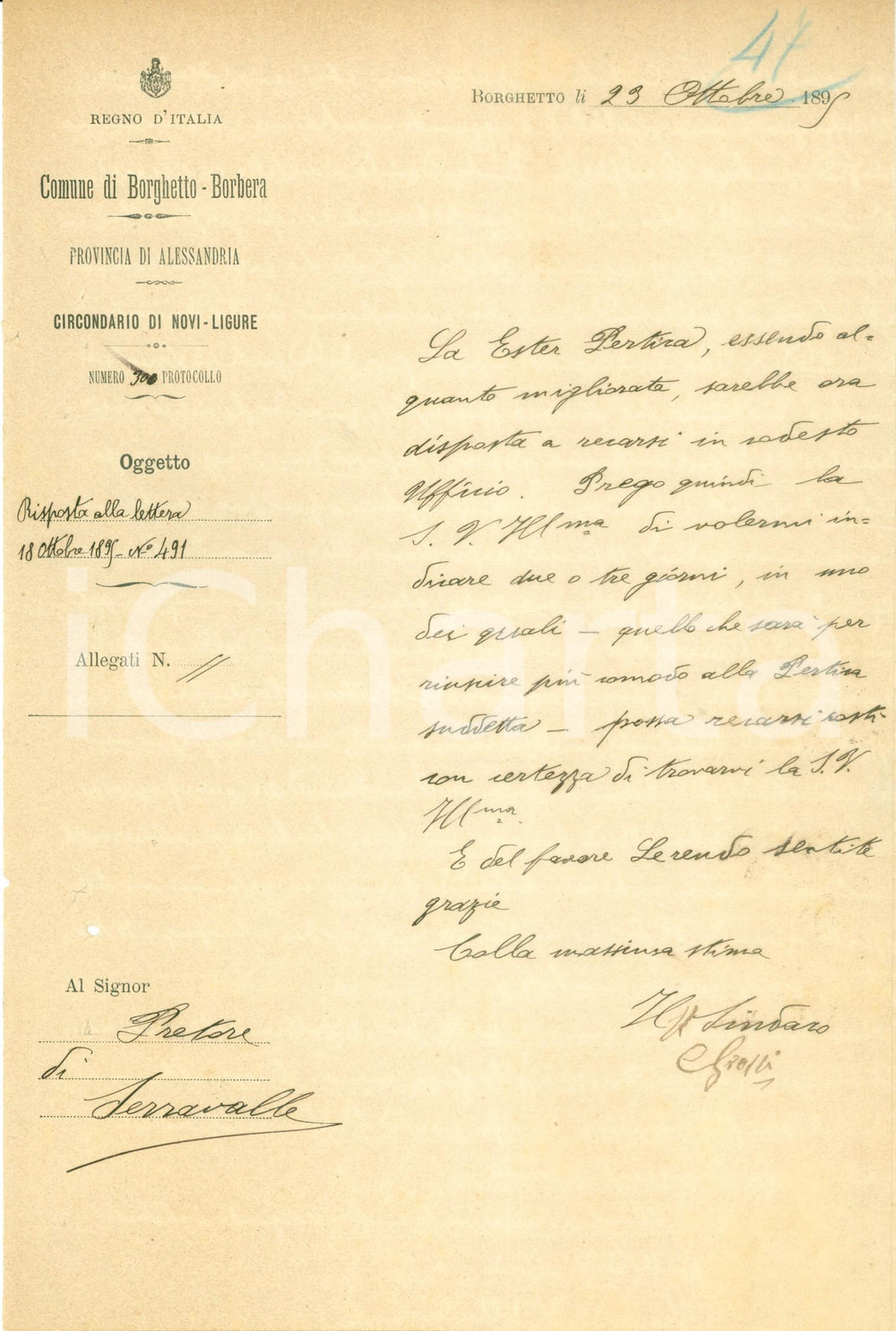Documento originale, autentico 1895 BORGHETTO BORBERA AL Ester PERTICA Ã¨ alquanto migliorata Documento 1