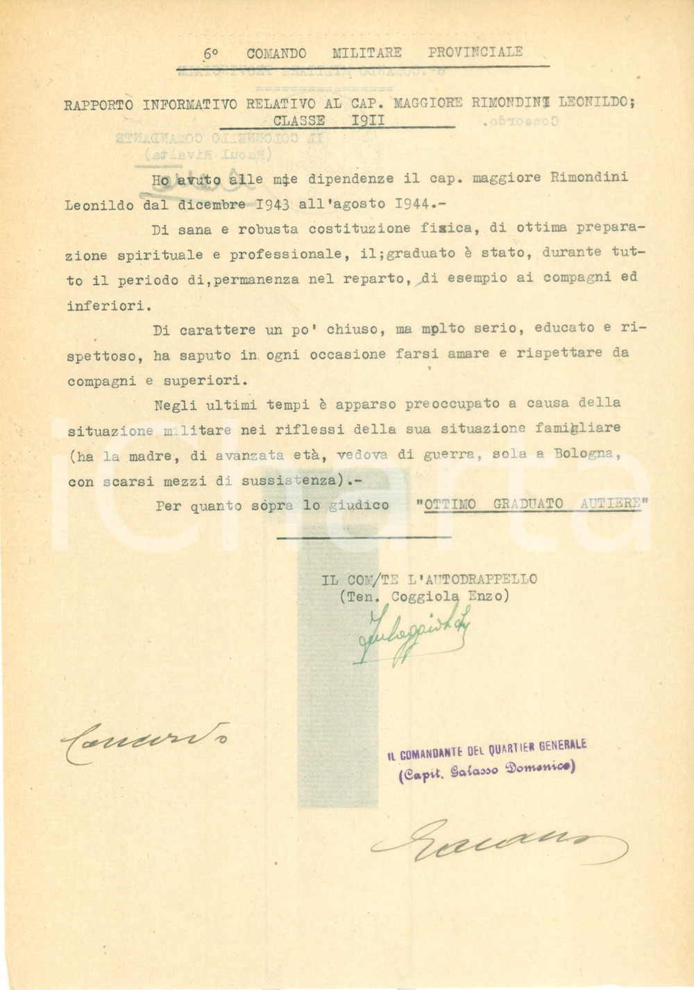 Documento originale, autentico 1944 BOLOGNA ? RSI Caporale Leonildo RIMONDINI ottimo autiere Documento 1