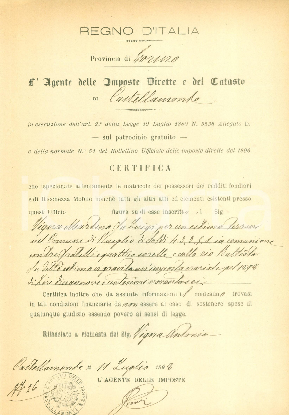 Documento originale, autentico 1898 RUEGLIO TO Imposte sui terreni di Martino VIGNA Documento 1