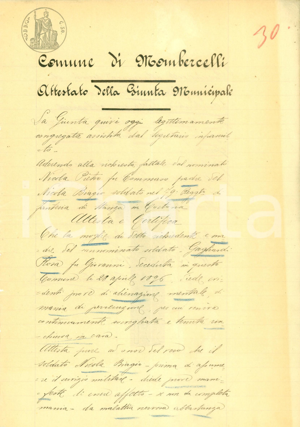 Documento originale, autentico 1897 MOMBERCELLI AT Rosa GAGLIARDI soffriva di alienazione mentale Documento 1