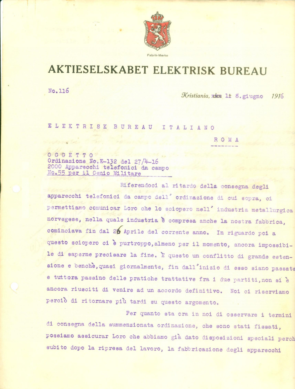 Documento originale, autentico 1916 KRISTIANIA / OSLO Sciopero all ELEKTRISK BUREAU ritarda consegna telefoni 1