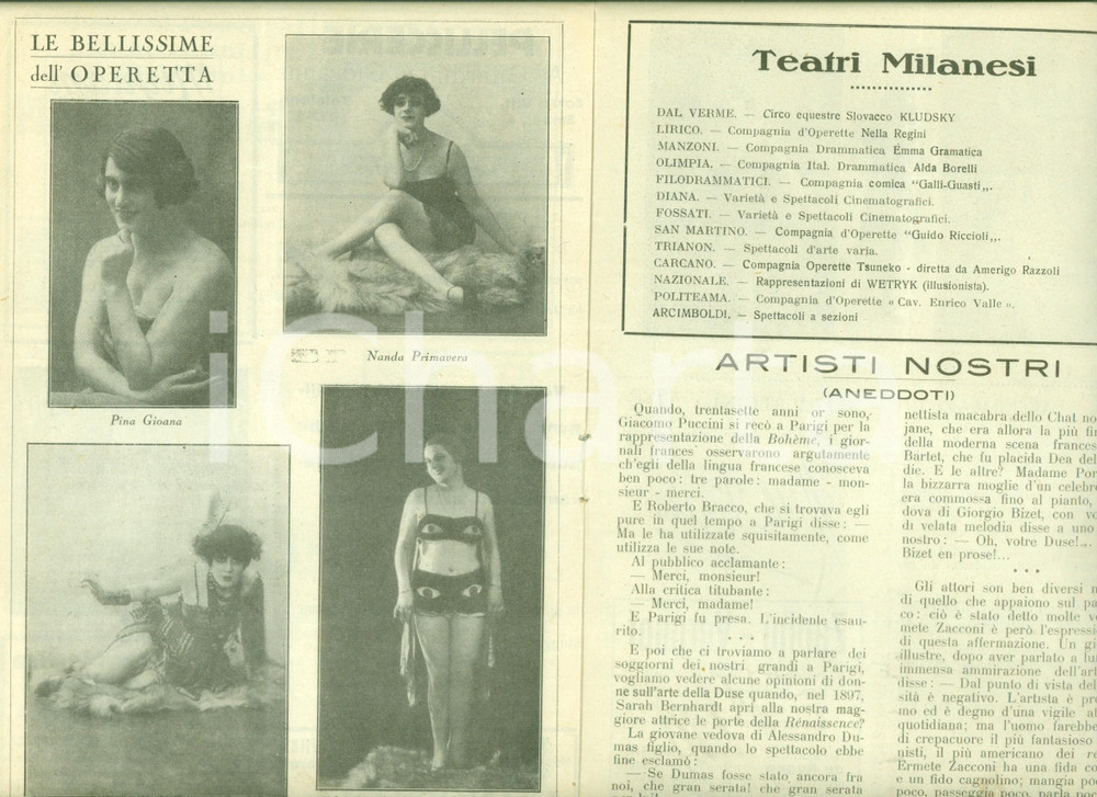 Giornale, rivista storica 1926 MILANO Rivista teatrale L INTERMEZZO Bellissime dell operetta DANNEGGIATA 1