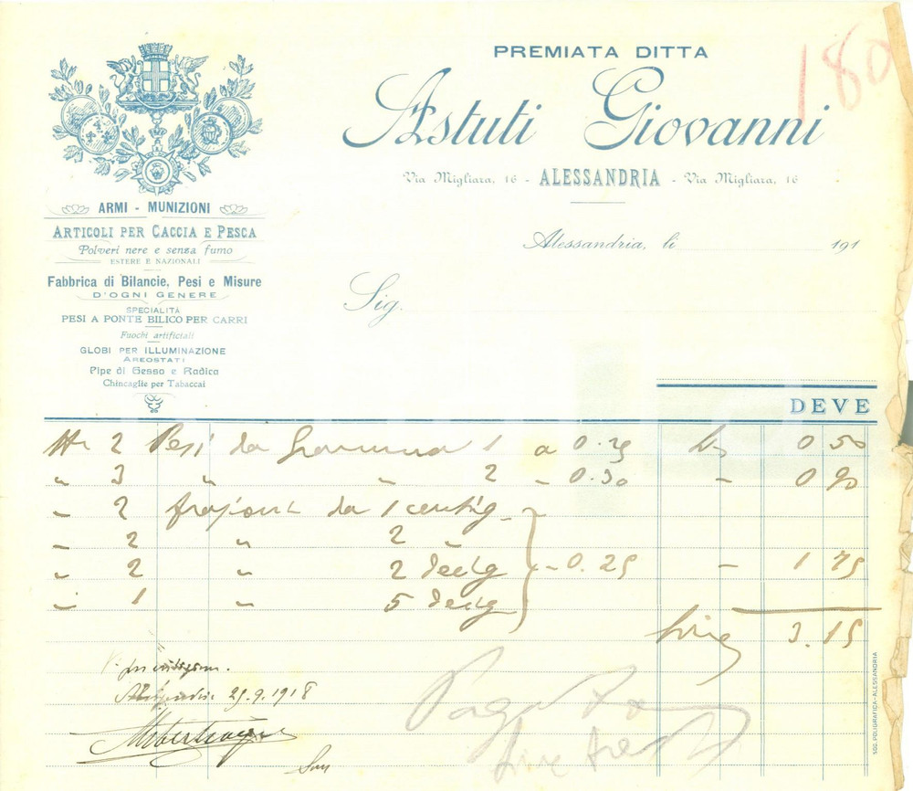 Documento originale, autentico 1918 ALESSANDRIA Premiata Ditta Giovanni ASTUTI Armi munizioni Fattura 1