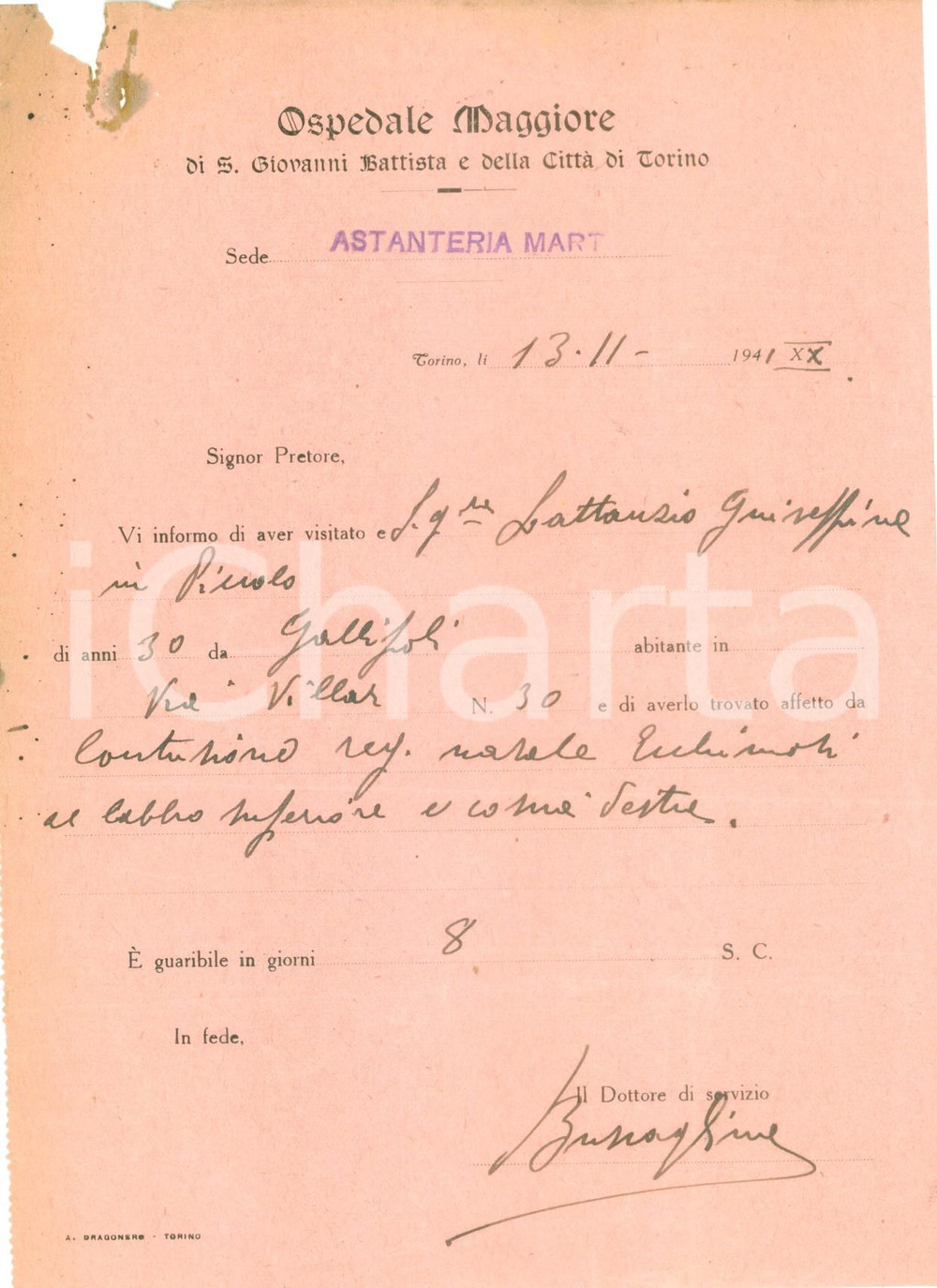 Documento originale, autentico 1941 TORINO Giuseppina LATTANZIO visitata all Ospedale Maggiore Documento 1
