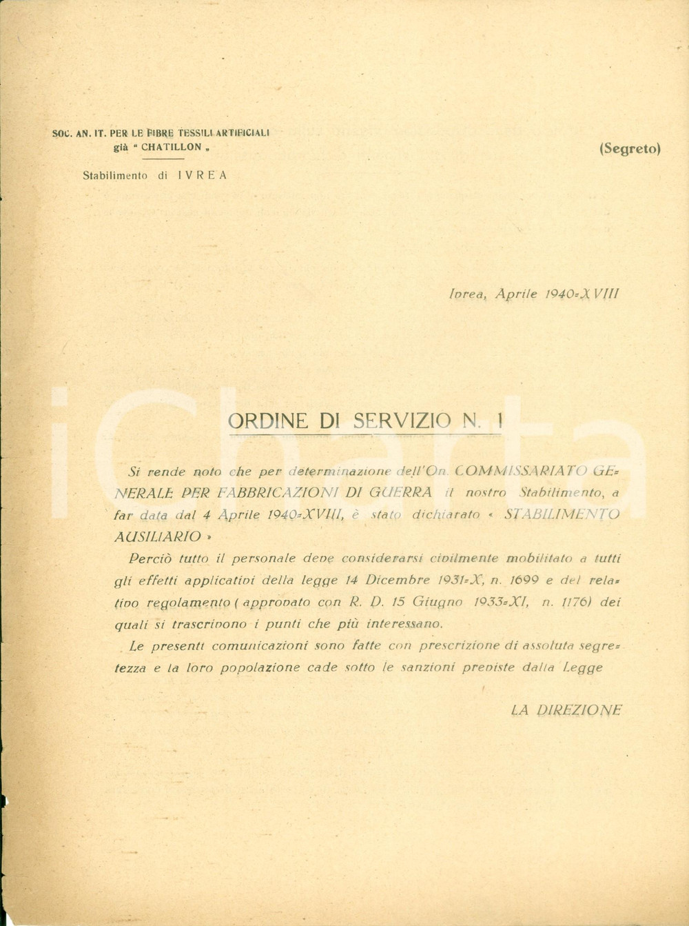 Documento originale, autentico 1940 IVREA TO Soc. Fibre Tessili Artificiali CHATILLON stabilimento ausiliario 1