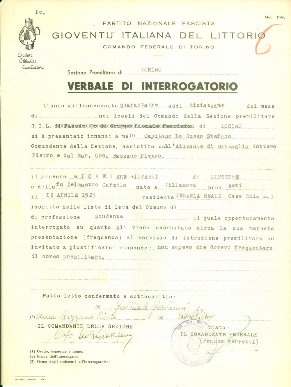 1943 VENARIA REALE (TO) Giovanni GIOVENALE ignaro dei corsi premilitari