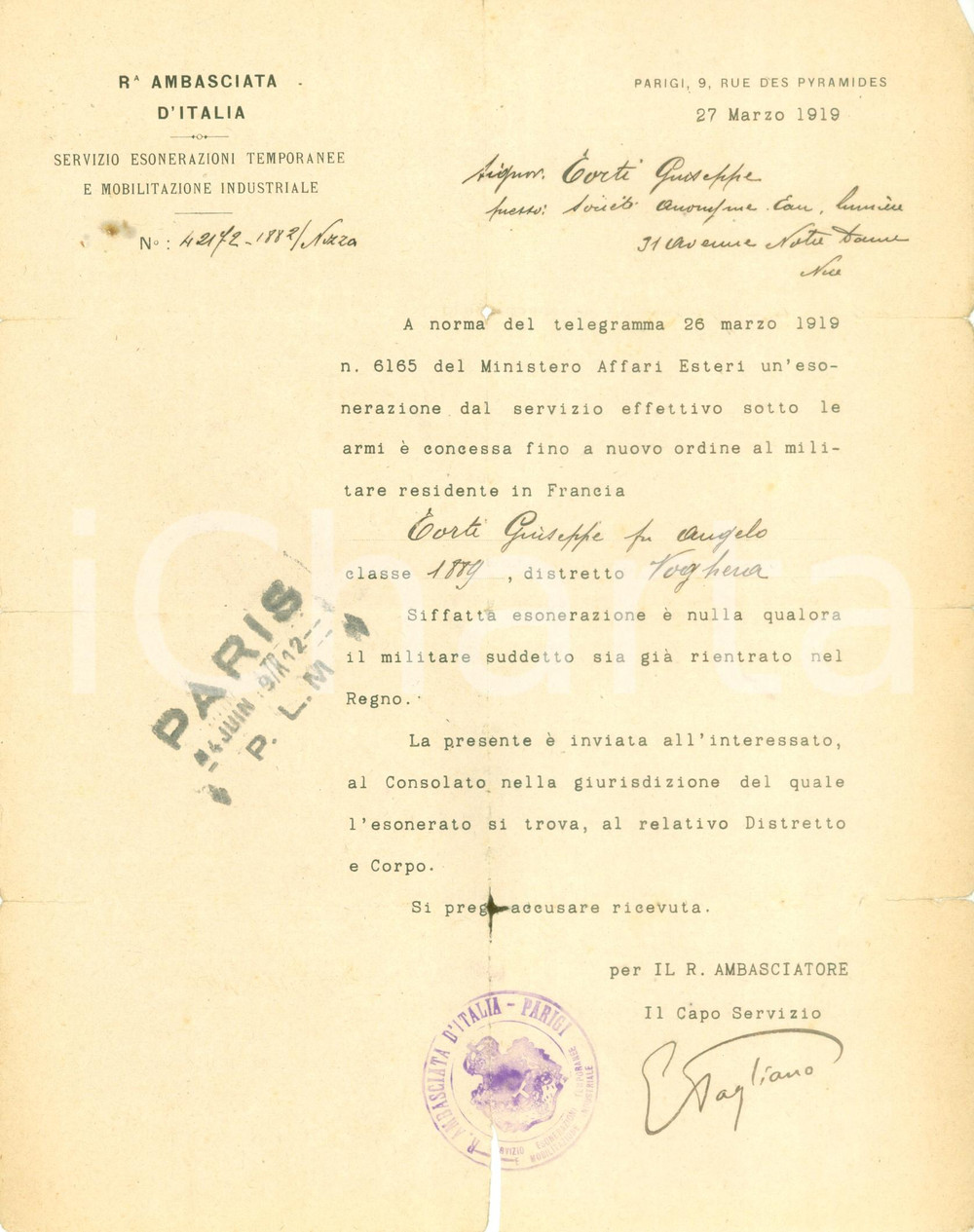 Documento originale, autentico 1919 PARIGI Esonero militare per Giuseppe TORTI di VOGHERA Documento 1