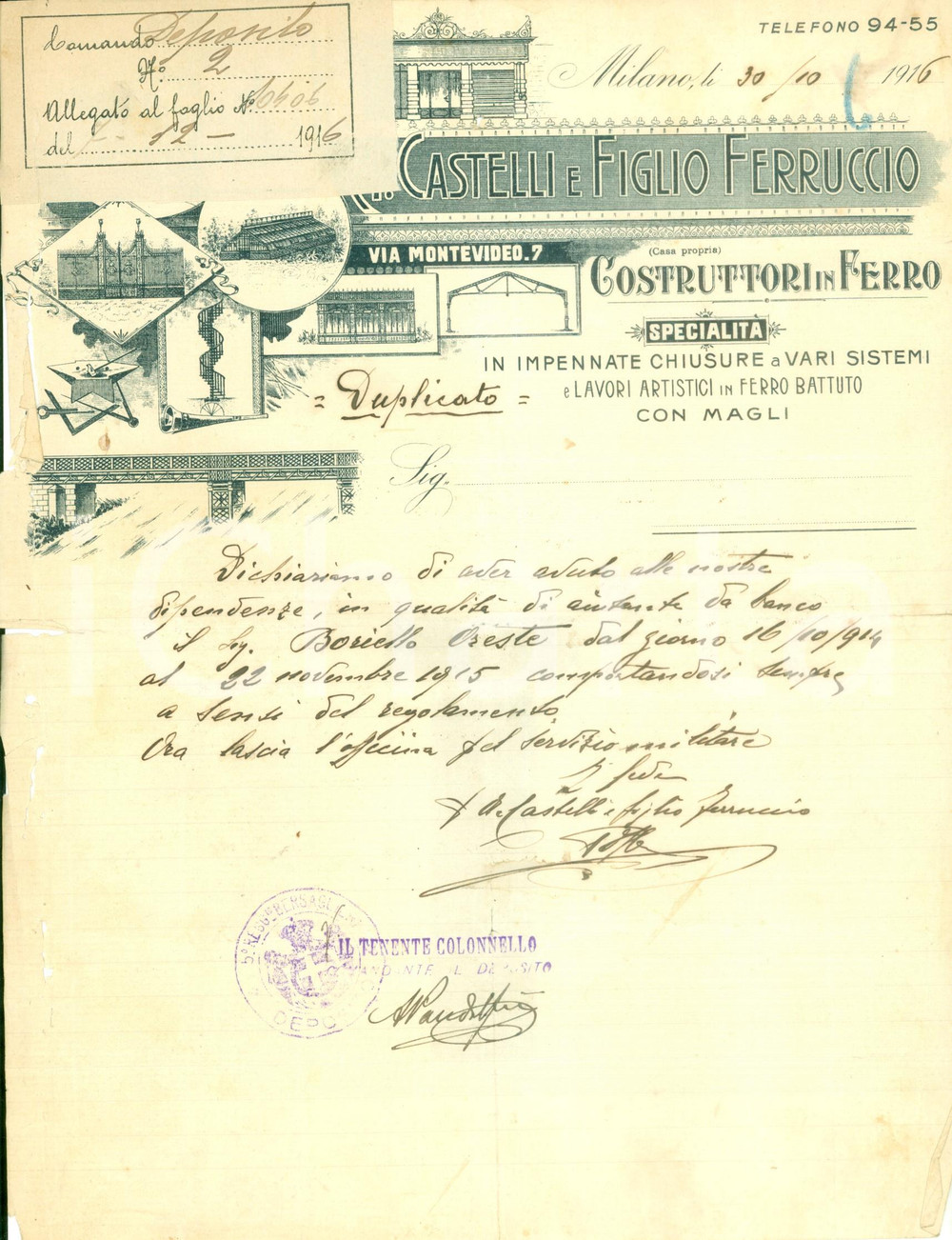 1916 MILANO Costruttori in ferro CASTELLI e Figlio *Lettera DANNEGGIATA