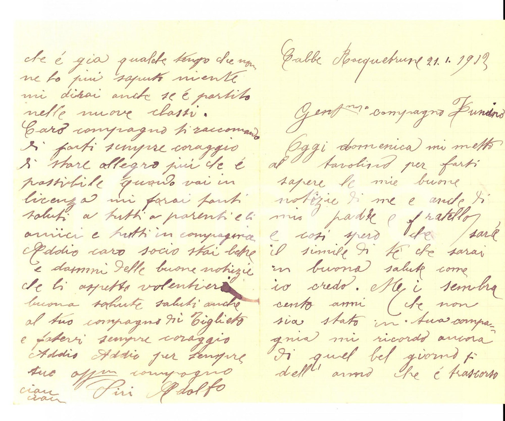 Manoscritto, lettera originale 1912  ROQUEBRUNE F Adolfo SIRI non riesce a visitare un vecchio amico Lettera 1
