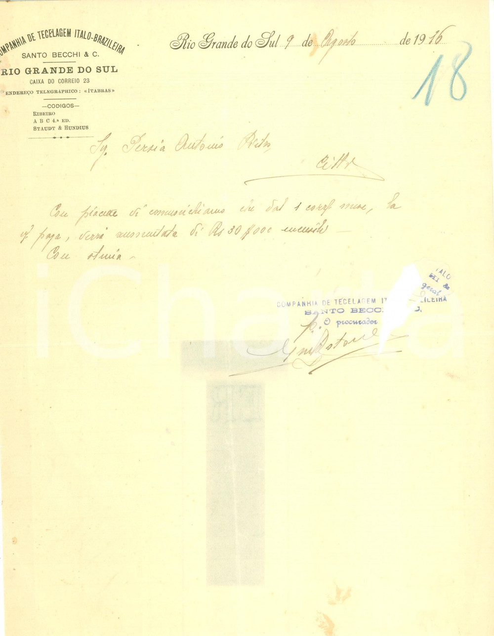 Documento originale, autentico 1916 RIO GRANDE DO SUL BRASILE Companhia Tecelagem ItaloBrazileira DANNEGGIATO 1