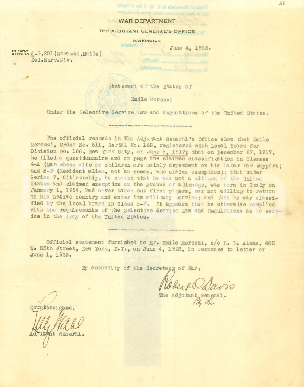 Documento originale, autentico 1923 WASHINGTON, D.C. USA Stato di servizio di Emilio MOREZZI Documento 1