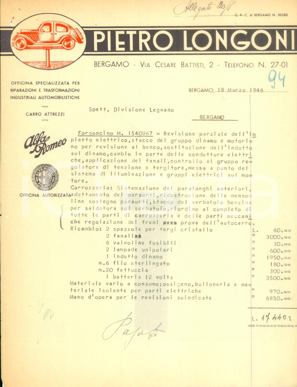 Documento originale, autentico 1946 BERGAMO Officina riparazioni automobilistiche LONGONI su un furgoncino 1