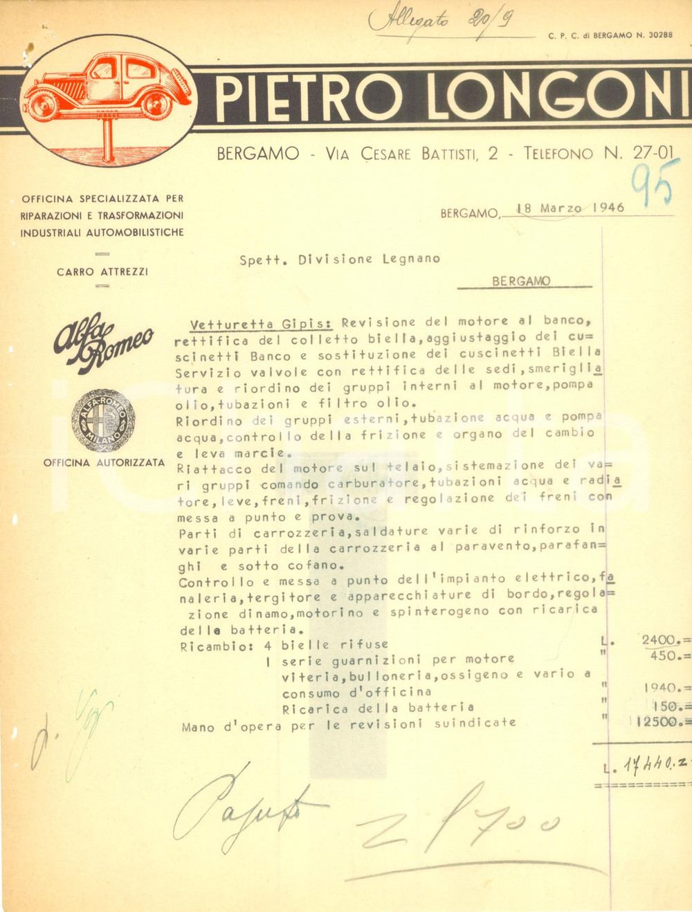 Documento originale, autentico 1946 BERGAMO Officina riparazioni automobilistiche LONGONI su vetturetta GIPIS 1