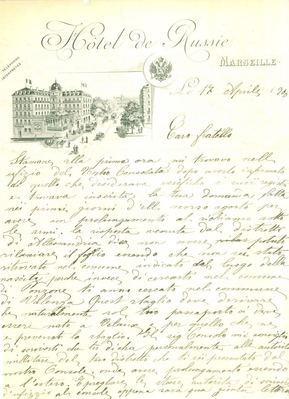 Documento originale, autentico 1900 MARSEILLE F Hotel de RUSSIE Lettera manoscritta intestata 1