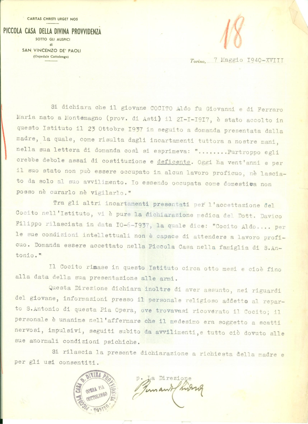 Documento originale, autentico 1940 TORINO Aldo COCITO accolto alla Piccola Casa della Divina Provvidenza 1