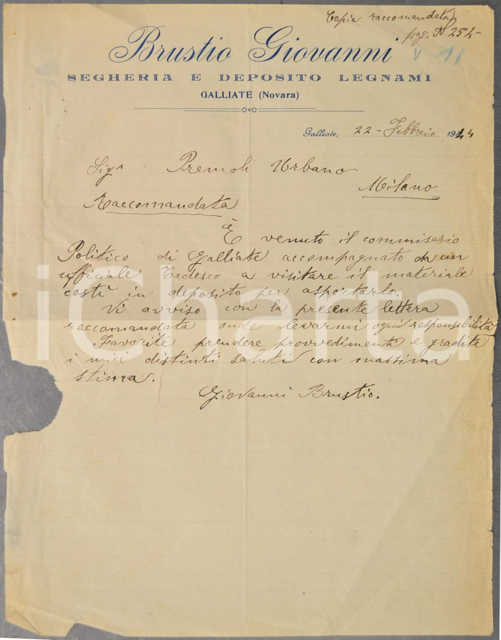 Documento originale, autentico 1944 GALLIATE NO RSI Ufficiale tedesco ispeziona segheria Giovanni BRUSTIO 1