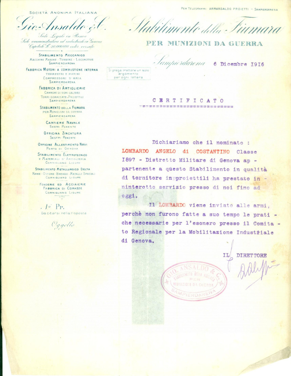 Documento originale, autentico 1916 GENOVA SAMPIERDARENA WW1 Operaio ANSALDO Angelo LOMBARDO inviato alle armi 1
