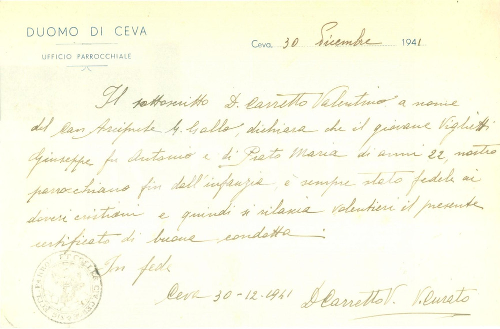 Documento originale, autentico 1941 CEVA CN Don Valentino CARRETTO garantisce per Giuseppe VIGLIETTI 1