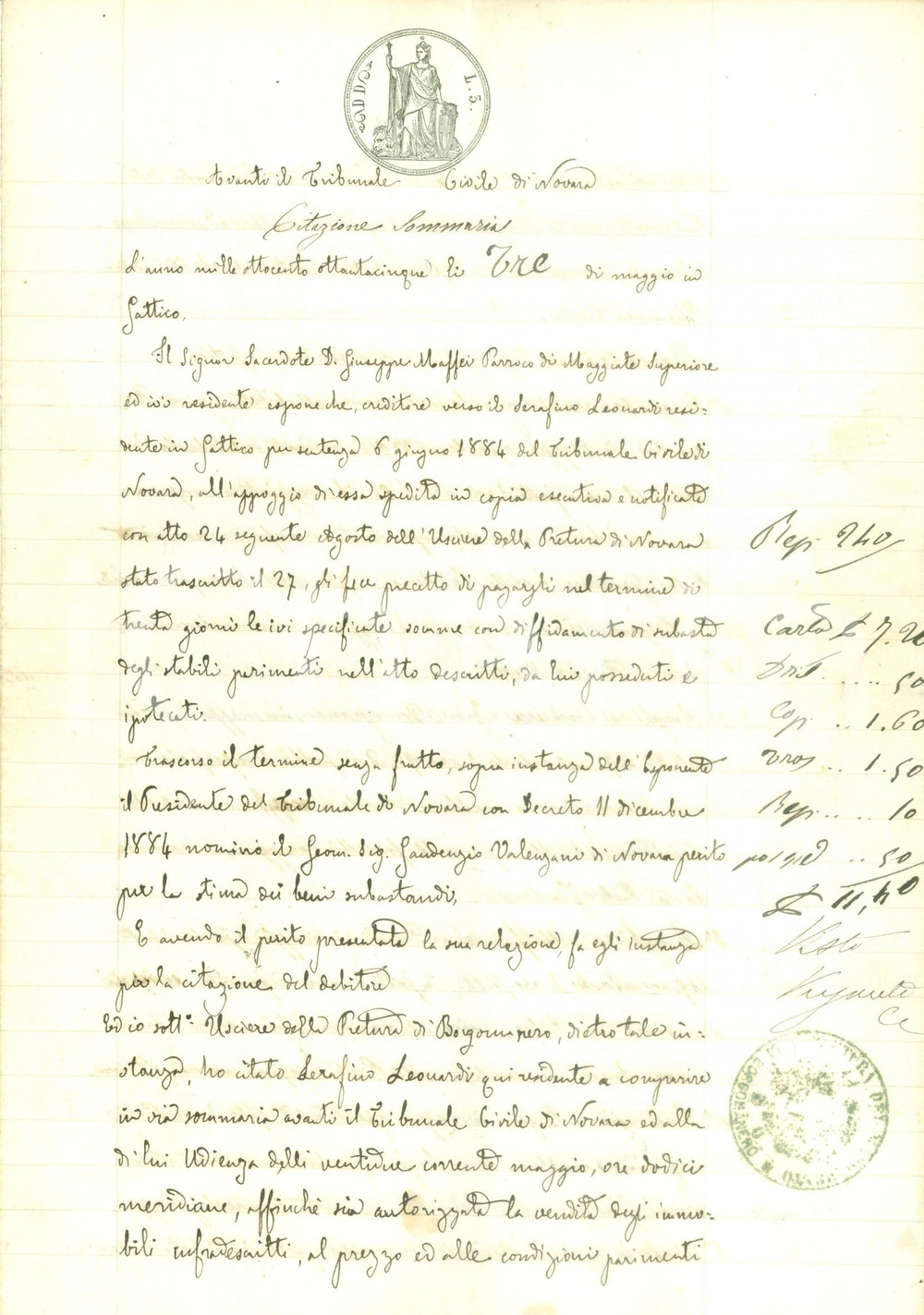 Documento originale, autentico 1885 GATTICO NO Serafino LEONARDI vende immobili per pagare i debiti Documento 1