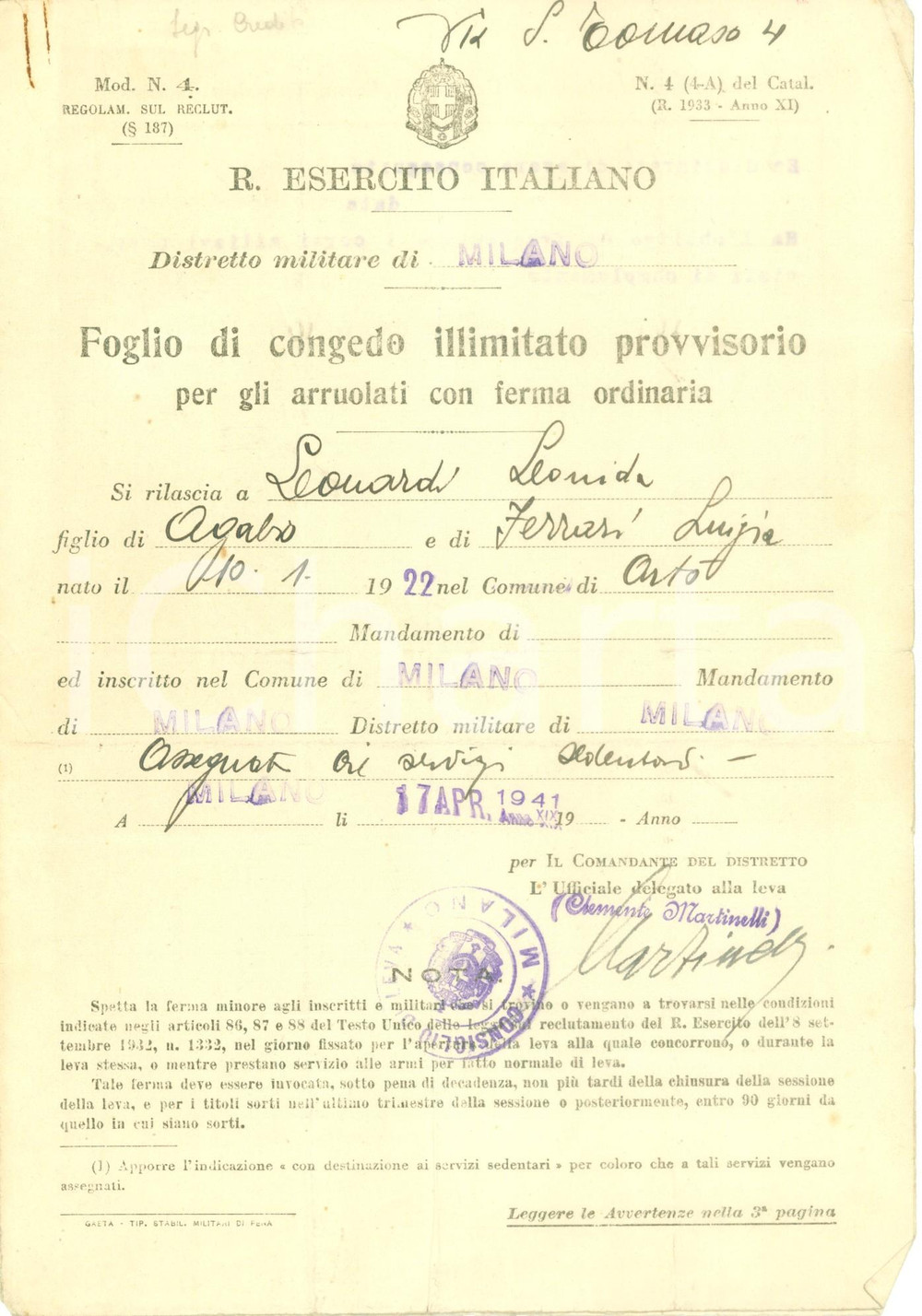 Documento originale, autentico 1941 ARTO  VB Congedo Leonida LEONARDI assegnato a servizi sedentari Documento 1