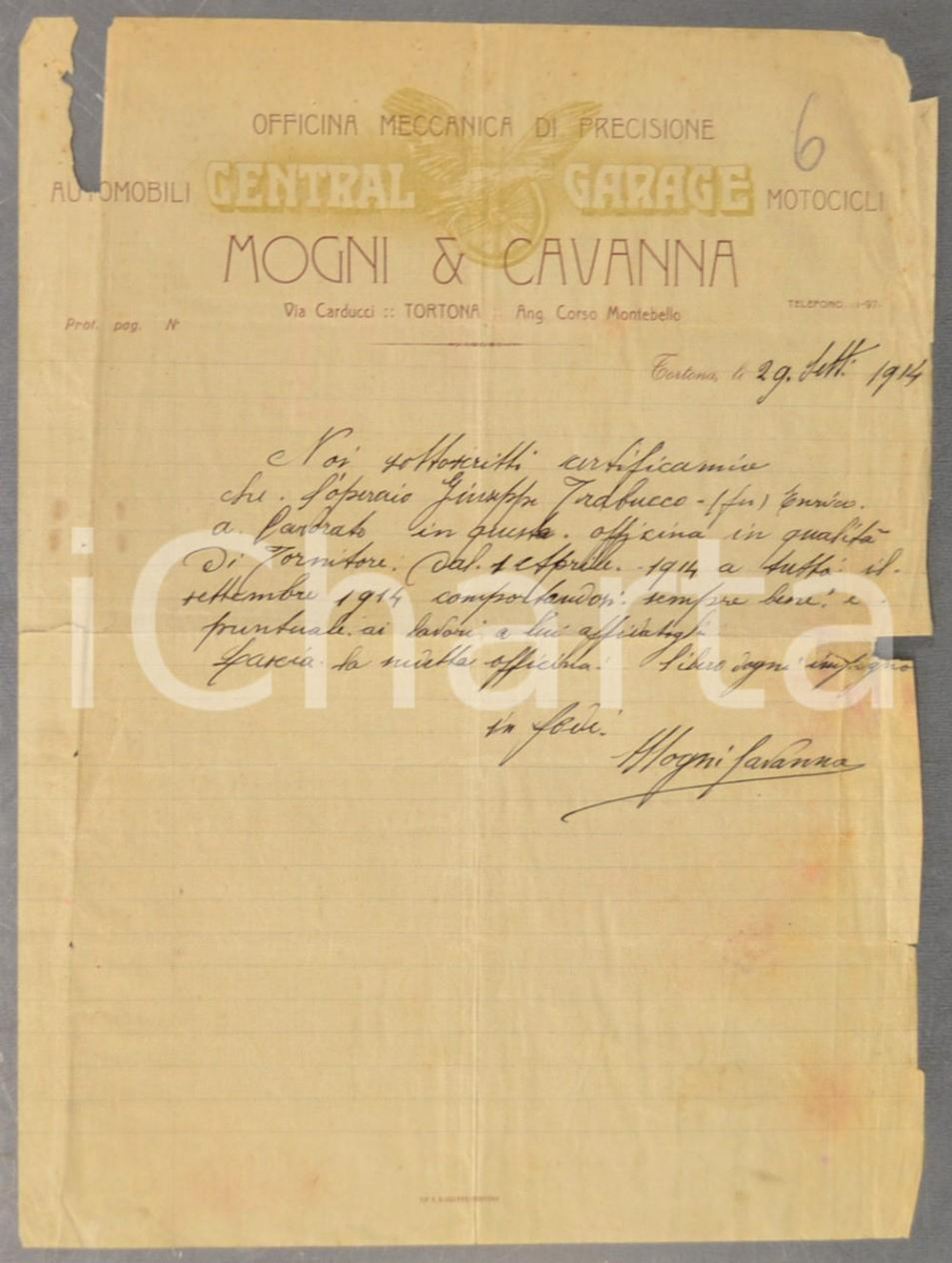 Documento originale, autentico 1914 TORTONA AL Officina meccanica Central Garage MOGNI & CAVANNA DANNEGGIATO 1