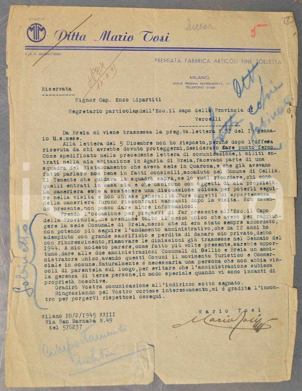 Documento originale, autentico 1945 BREIA VC Squadra RSI saccheggia casa di Mario TOSI ad AGARLA DANNEGGIATO 1