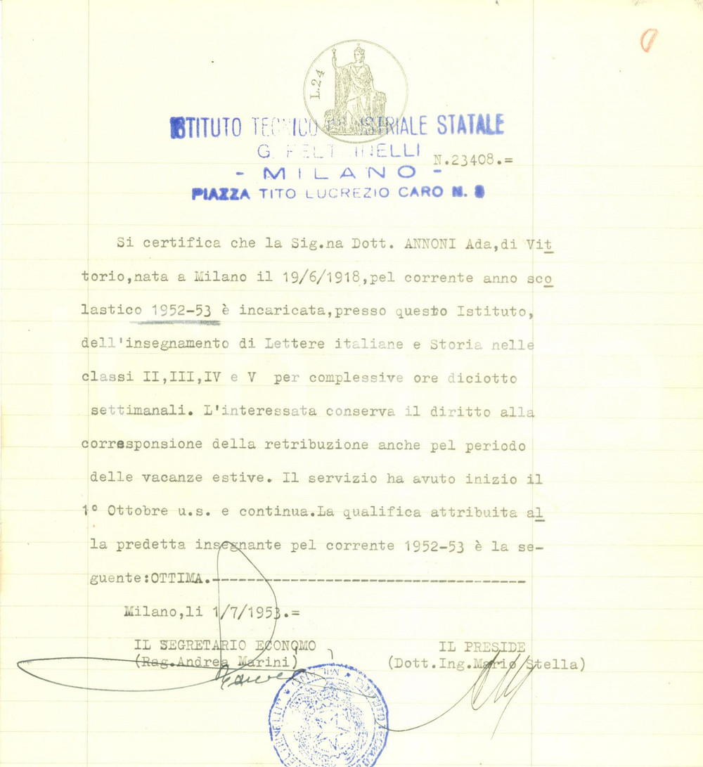 Documento originale, autentico 1953 MILANO Ada ANNONI ottima insegnante all Istituto Tecnico FELTRINELLI 1