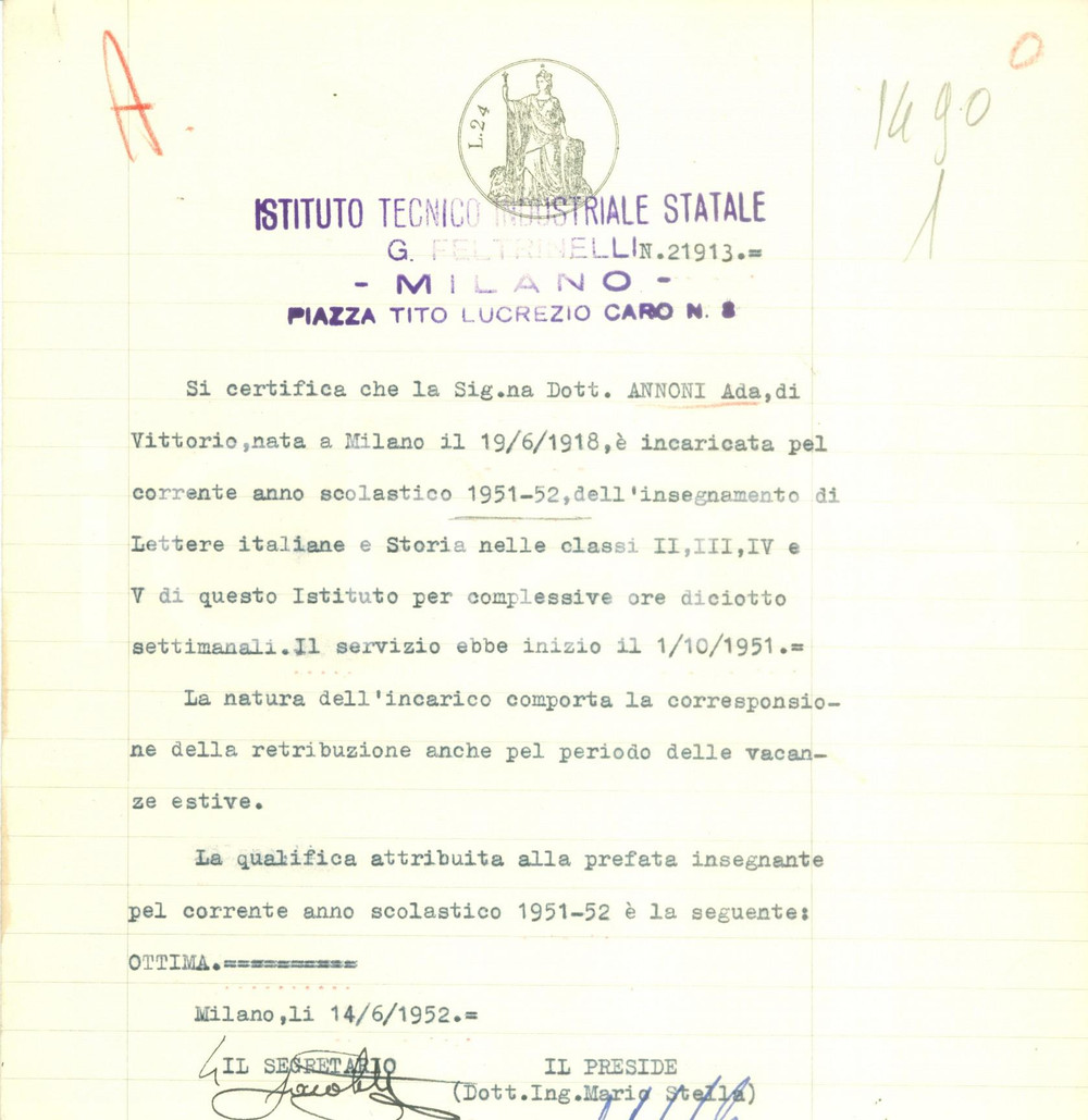 Documento originale, autentico 1946 MILANO Ada ANNONI ottima insegnante all Istituto Tecnico FELTRINELLI 1