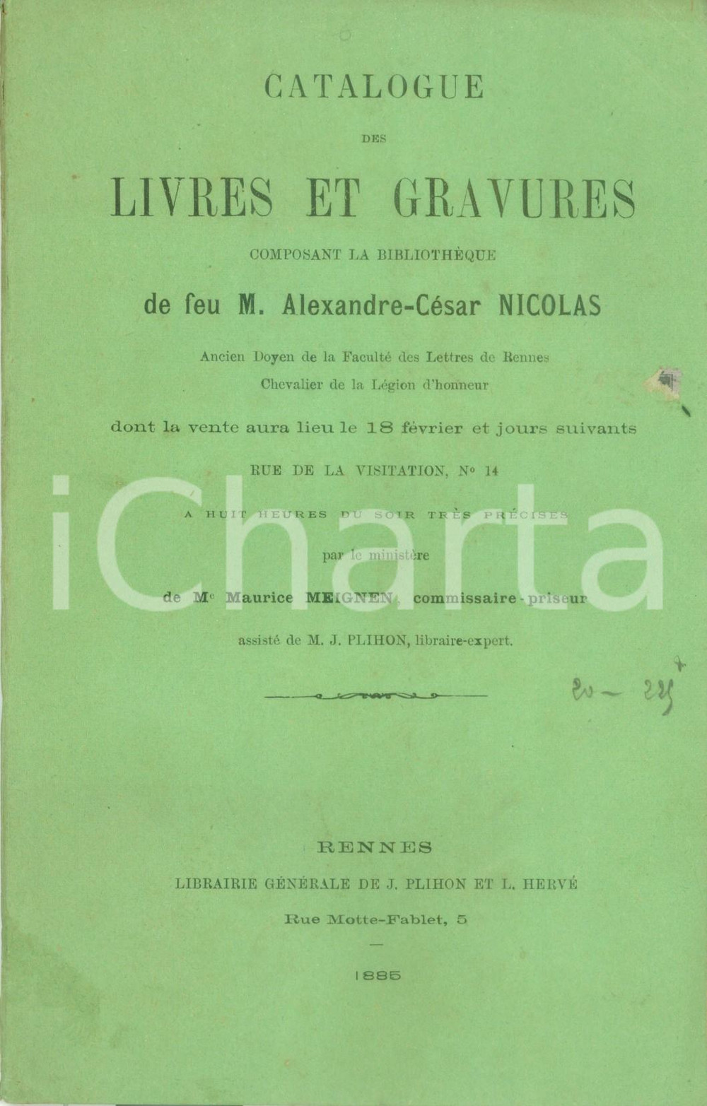 Libro, pubblicazione d epoca 1885 RENNES Catalogue des livres et gravures de feu AlexandreCÃ©sar NICOLAS 1