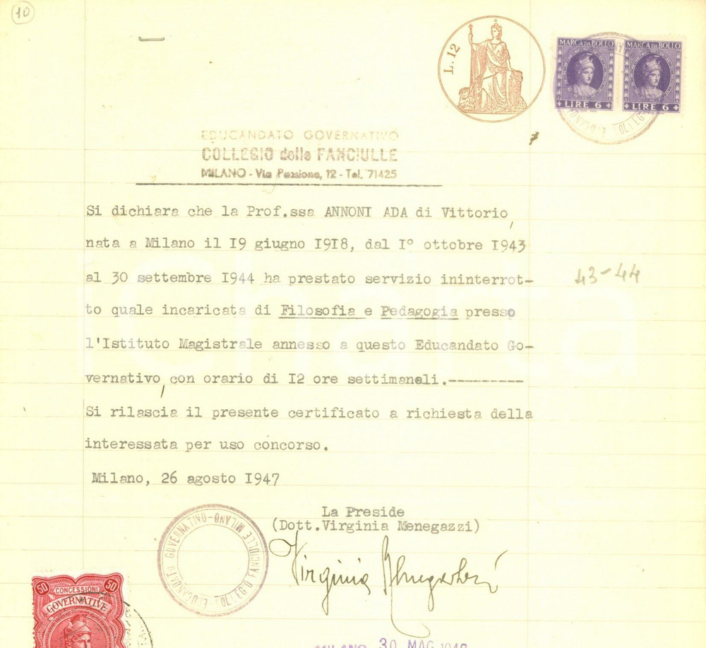 Documento originale, autentico 1947 MILANO Ada ANNONI docente di Filosofia al Collegio delle Fanciulle 1