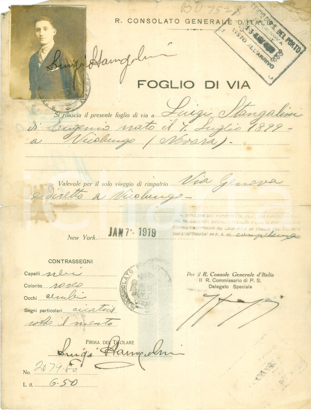 1919 NEW YORK (USA) Foglio di via di Luigi STANGALINI di VICOLUNGO Con foto