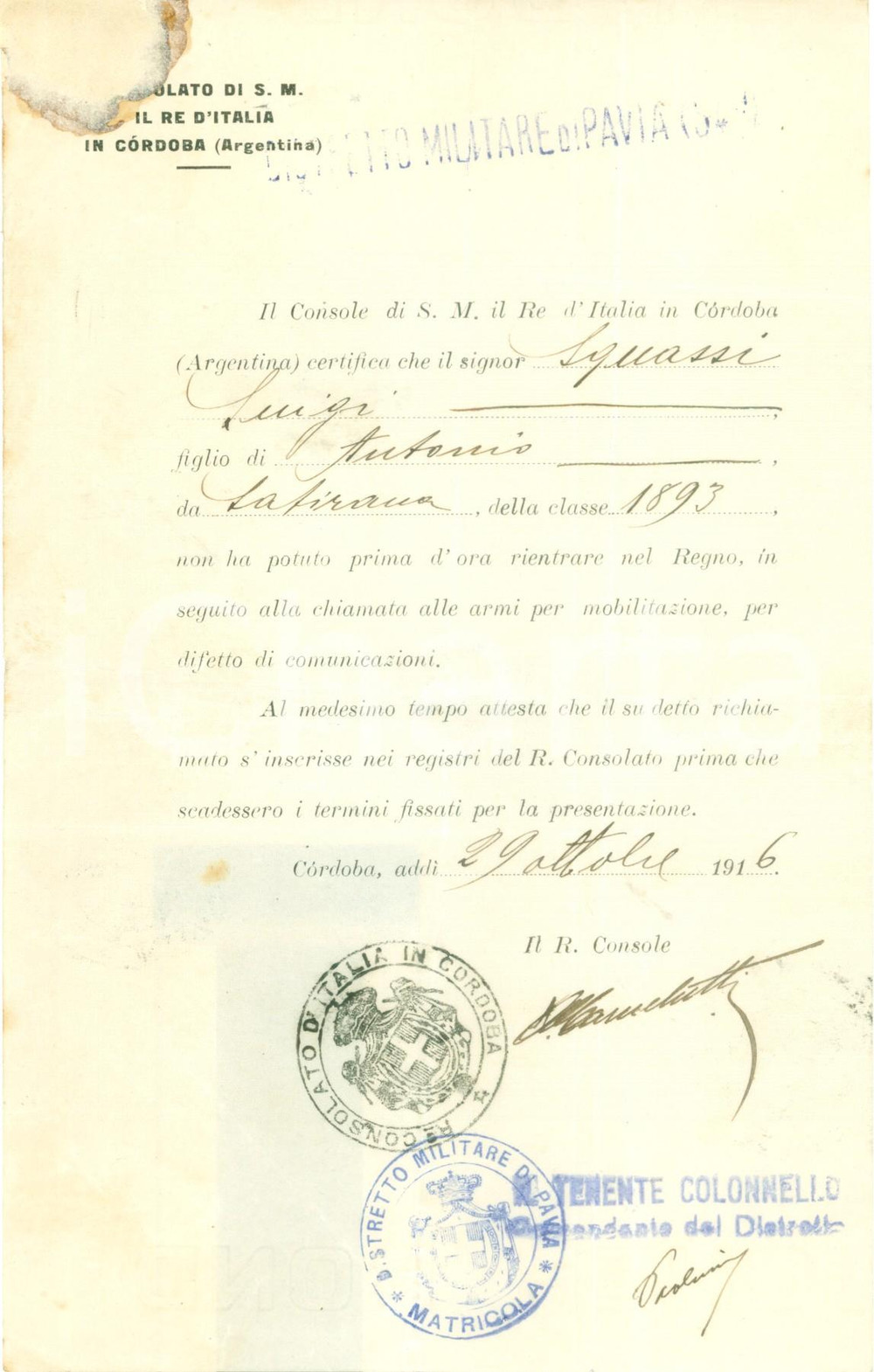 Documento originale, autentico 1916 CORDOBA SPAGNA WW1 Luigi SQUASSI di SARTIRANA non puÃ² rimpatriare 1