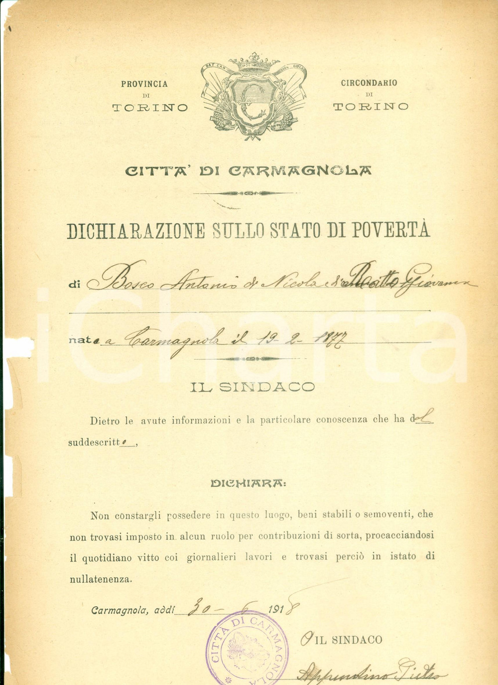 Documento originale, autentico 1918 CARMAGNOLA TO Stato di povertÃ  di Antonio BOSCO Documento DANNEGGIATO 1