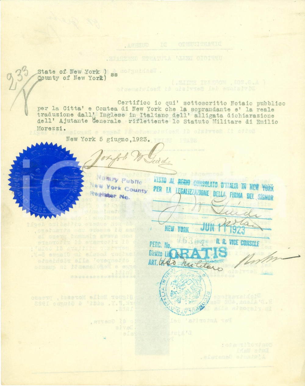 Documento originale, autentico 1923 NEW YORK CITY USA Emilio MOREZZI chiede esenzione dal servizio militare 1